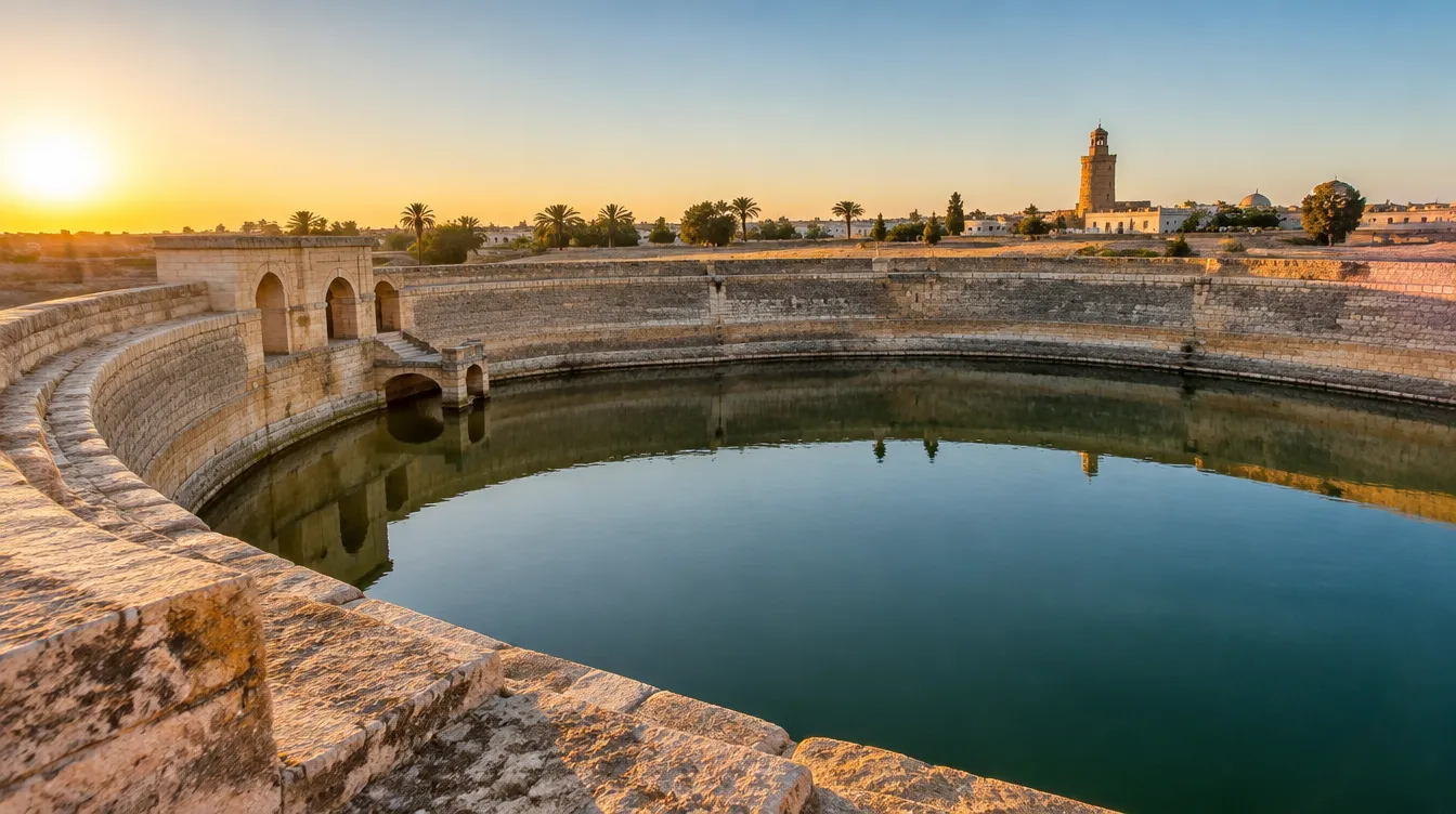 Le grand bassin circulaire des Aghlabides à Kairouan au coucher du soleil