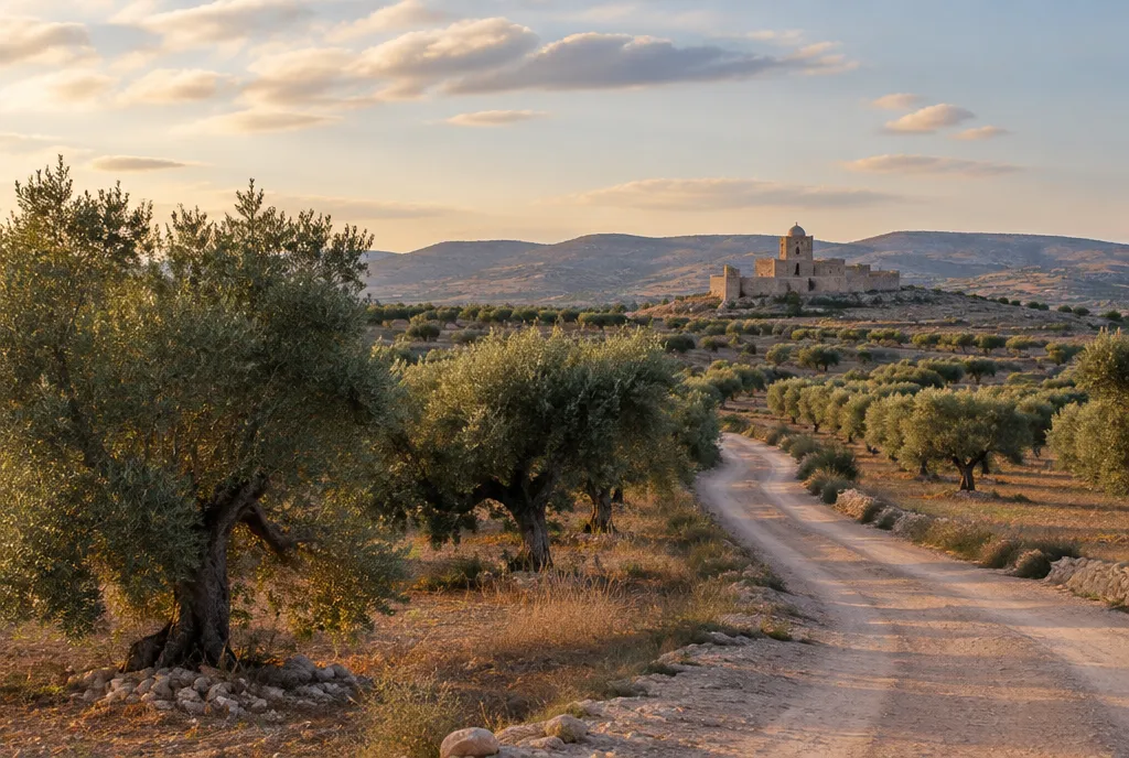 Oliveraies et édifice historique en pierre dans la campagne près de Kairouan