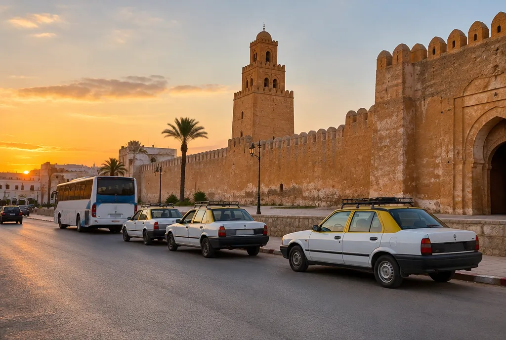 Bus et taxis collectifs garés le long des anciens remparts de Kairouan au coucher du soleil