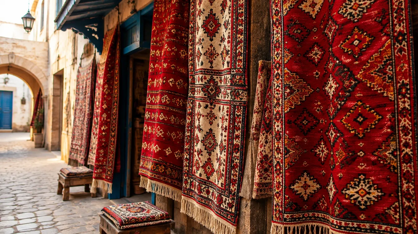 Tapis rouges tissés à la main de Kairouan suspendus dans la médina