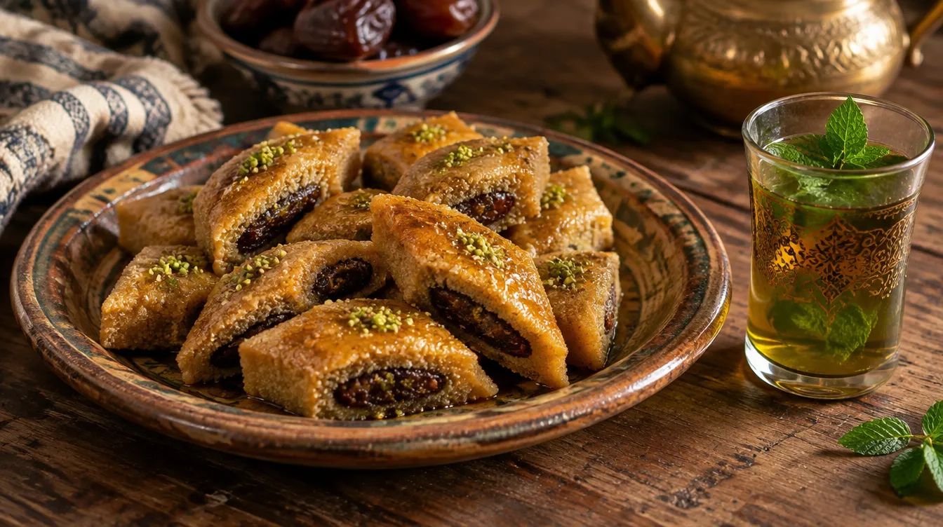 Assiette de makroudh à la datte avec un thé à la menthe à Kairouan