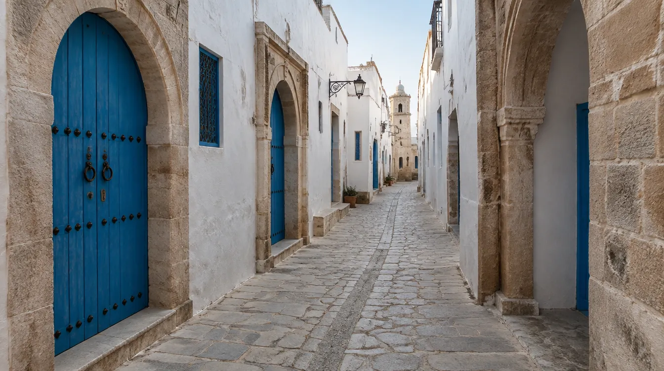 Ruelle blanchie à la chaux avec des portes bleues dans la médina de Kairouan