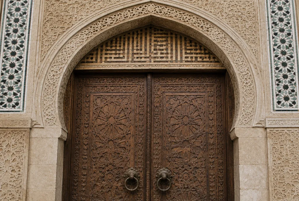 Portes en bois sculpté et zelliges géométriques à l’entrée d’une mosquée en Tunisie