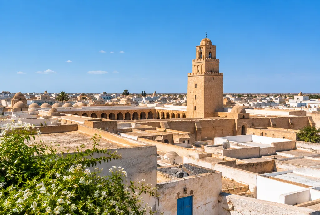 Toits de la médina de Kairouan et minaret de la Grande Mosquée sous un ciel bleu