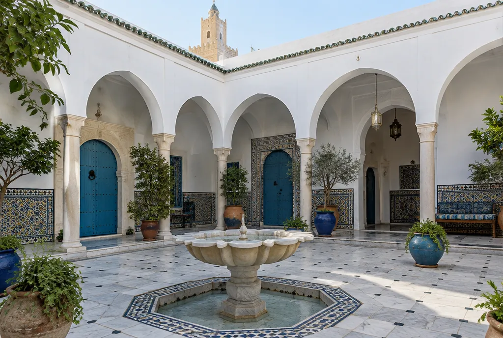 Cour d’une maison d’hôtes traditionnelle à Kairouan avec fontaine en marbre et portes bleues